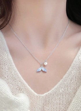 爆款时尚小清新蓝色水晶鱼尾珍珠项链气质轻奢级感小众洋气耳环