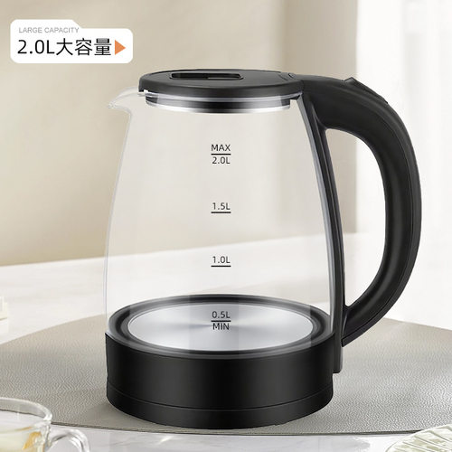 外贸2L kettle蓝光玻璃电热水壶大容量电水壶出口自动断电