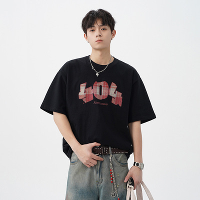 格纹数字印花短袖T恤男女夏季新款日系宽松纯棉半袖潮牌复古体恤