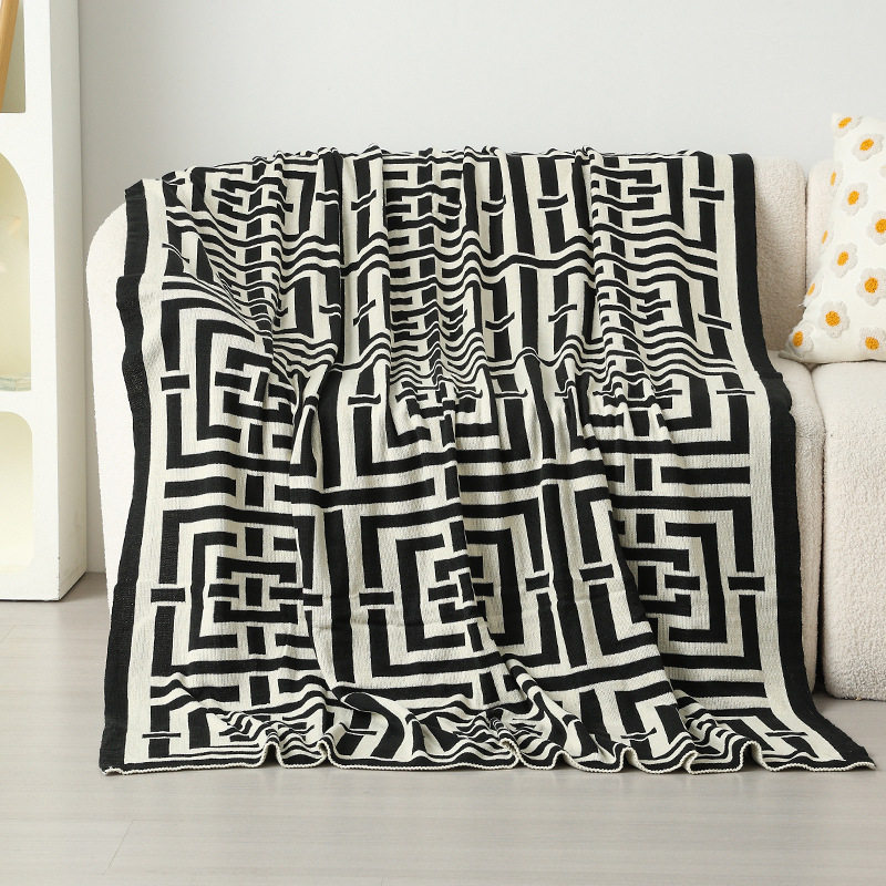 办公室毛线针织毯子沙发盖毯床尾巾搭毯样板房搭巾蓝色黑色回形纹