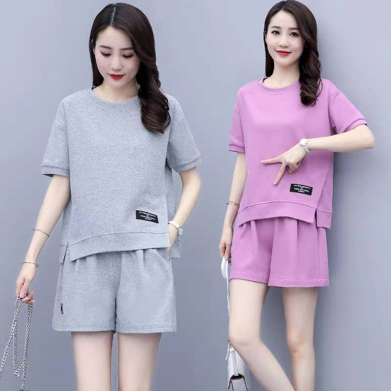 运动服套装女夏季新款韩版时尚阔裤圆领短袖短裤休闲跑步两件套潮