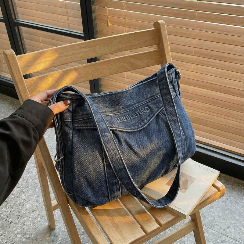 韩系慵懒风牛仔帆布包托特包女式大容量学生上课包通勤单肩斜挎包