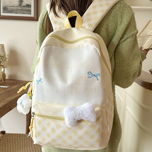 卡通小猫双肩包女日系新款拼色小清新格子初中生高中书包大学生
