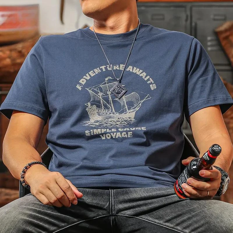 羽林芳高端纯棉男士短袖t恤2026新款爆款夏季帆船印花半袖圆领潮