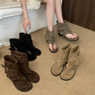 十三行欧可女鞋夏天配裙子粗跟夹趾凉靴女鞋夏季绒面裤管小短靴子