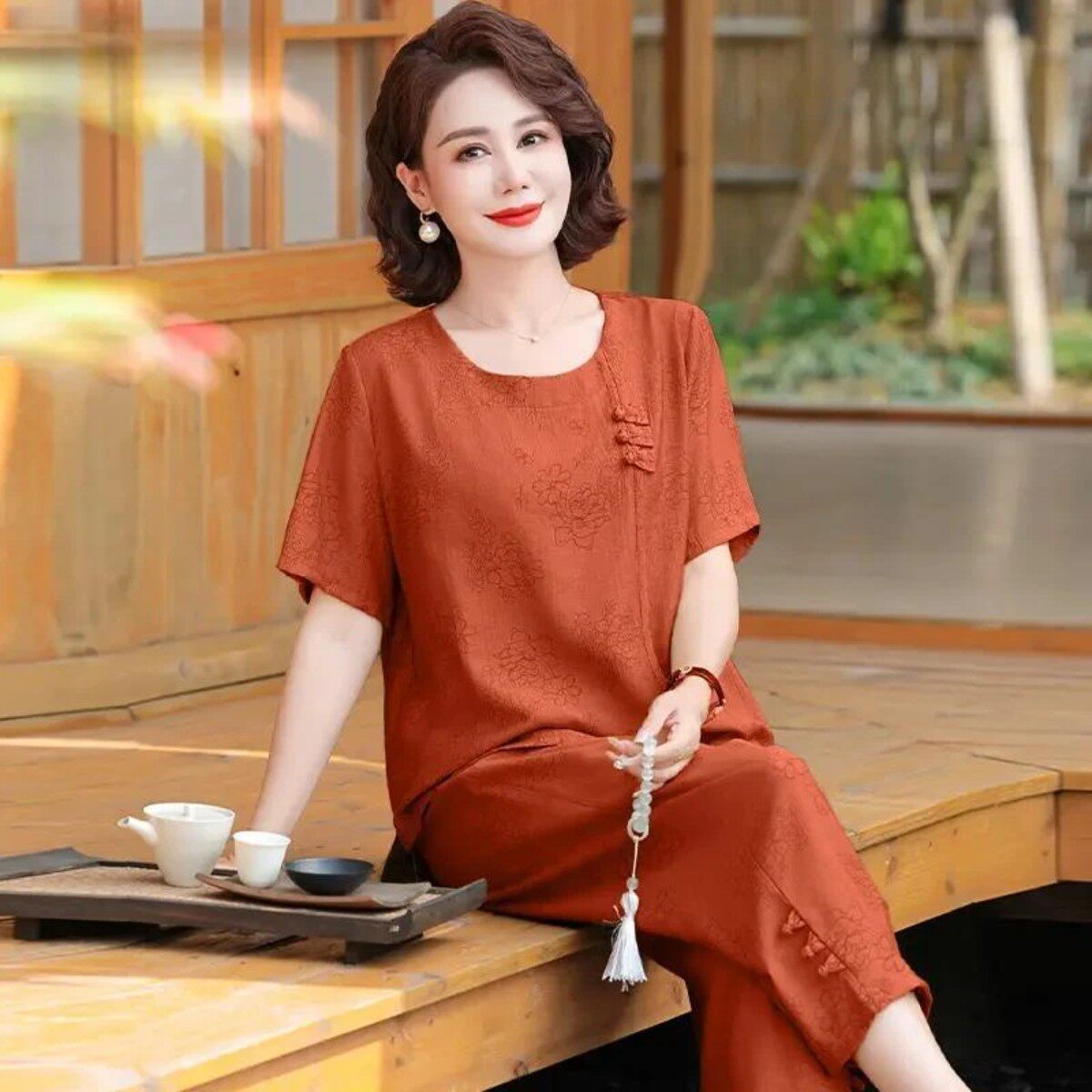 安宁优汇选中年妈妈夏装棉麻套装