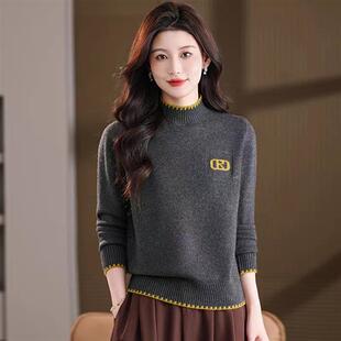金泽女装2026秋冬季女士半高领针织毛衣宽松显瘦字母刺绣打底衫潮