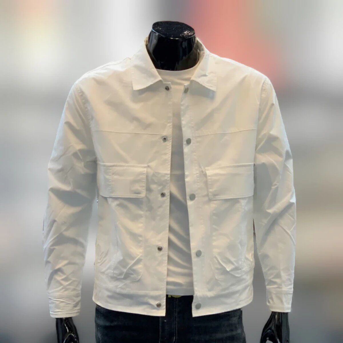 Wf男装馆春季白色翻领夹克男款纯色工装男装潮流修身外套男士休闲