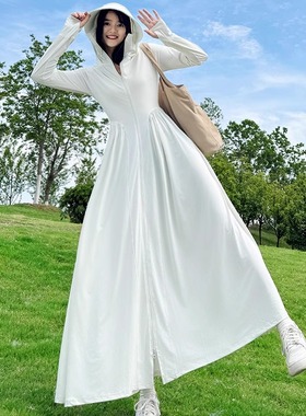 紫色长款全身防晒衣女夏冰丝防紫外线防晒裙修身外套大帽檐防晒服