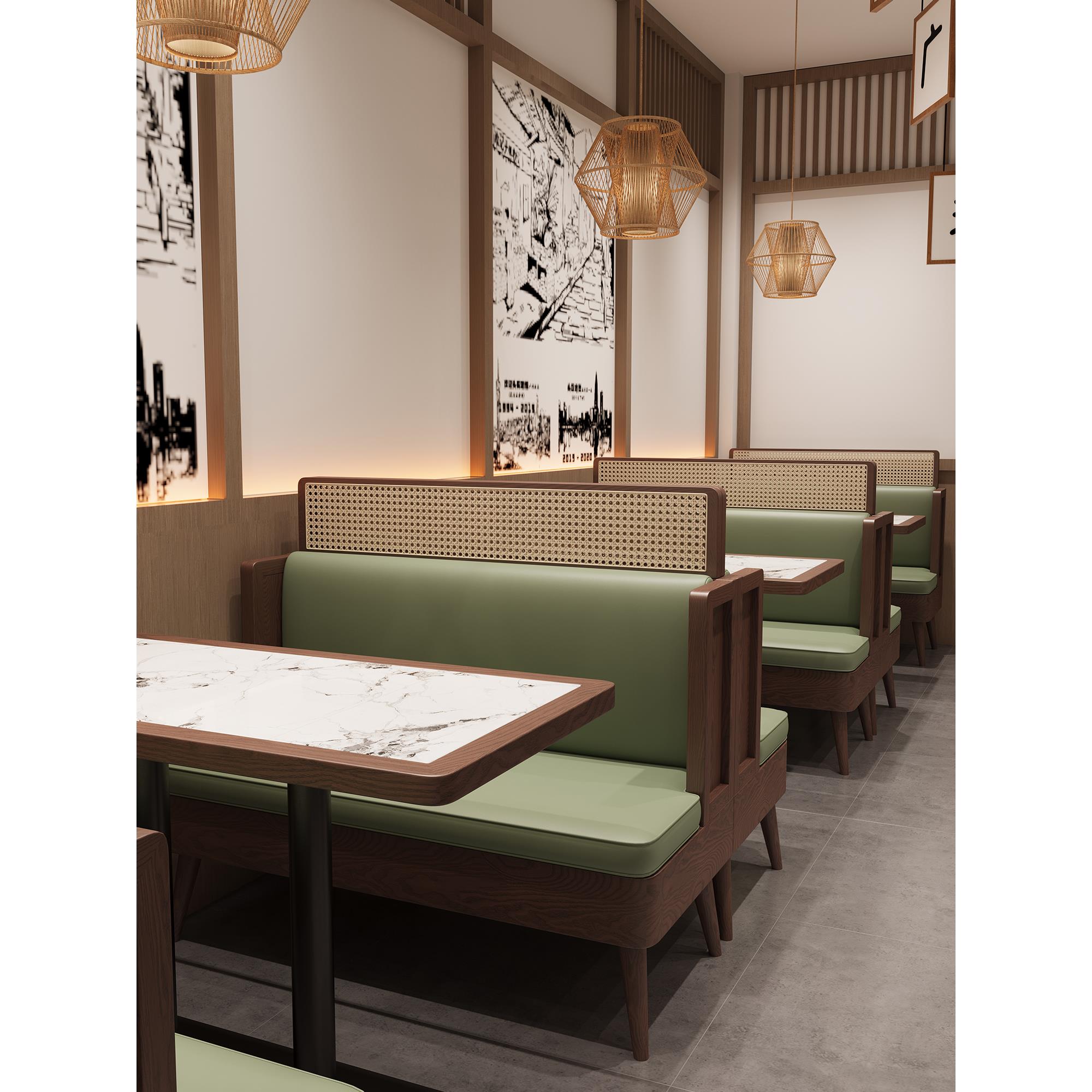 茶楼餐厅卡座沙发商用餐饮火锅烧烤饭店藤编实木餐桌椅组合可定制