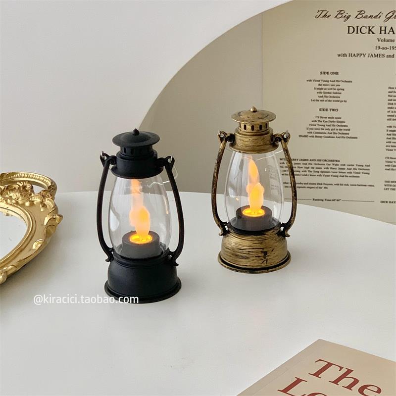 覆古摇摆烛光防风灯煤油灯摆件手提小夜灯ins卧室装饰桌面led气氛