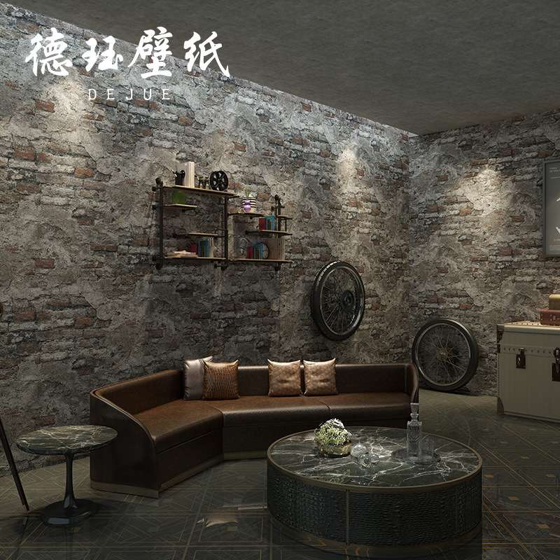 复古水泥灰色3D立体砖块砖头砖纹墙纸工业风仿古餐厅饭店背景壁纸