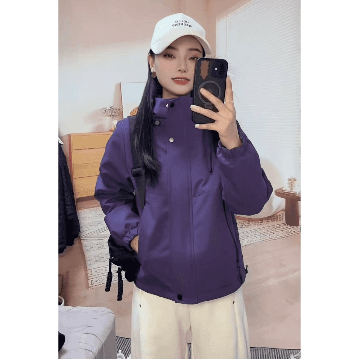 秋冬季新款女短款连帽冲锋衣夹克