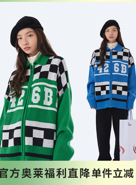 【F426奥莱店】国潮牌情侣街头嘻哈宽松方格POLO开衫毛衣春季