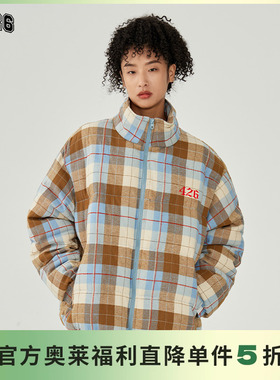 【F426奥莱店】国潮牌冬装美式嘻哈宽松哥特字体植绒格子棉服外套