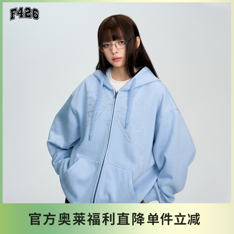 F426国潮牌烫钻蝴蝶结开衫卫衣