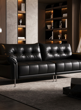 CUCB羽翼真皮沙发中古风包豪斯客厅全青皮黑色头层牛皮直排沙发