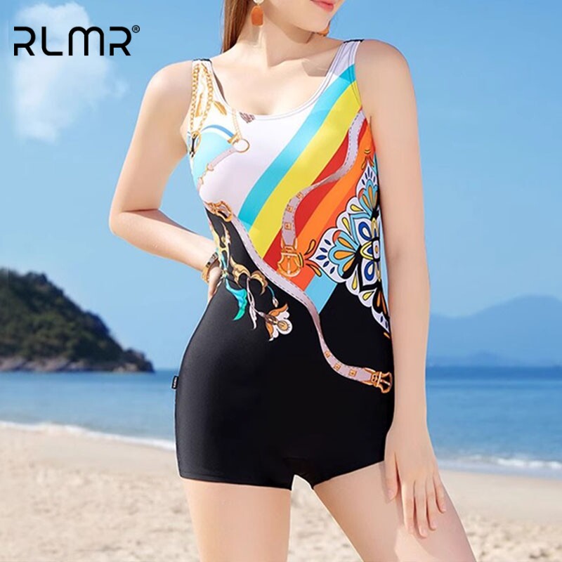 RLMR轻奢连体平角泳衣女遮肚显瘦保守新款泡温泉度假大码印花泳装