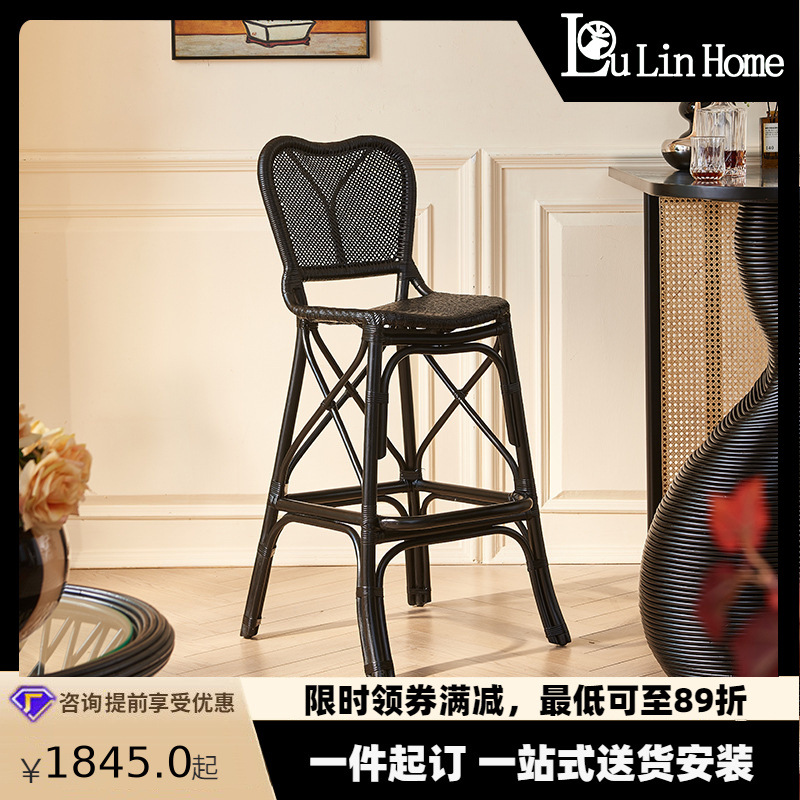 北欧天然植物印尼藤椅吧台椅复古风饭店藤席座面蝴蝶靠背餐厅吧椅