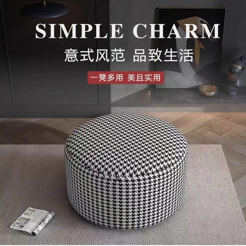 现代爆款轻奢羊羔绒脚凳通用型圆形沙发凳换鞋千鸟格沙发脚踏凳