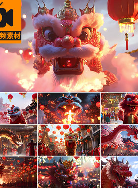 4K舞狮过年喜庆热闹表演国潮狮子头狮王争霸新年传统文化视频素材