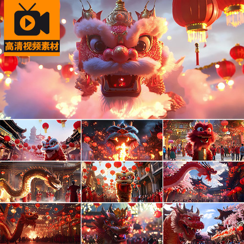 4K舞狮过年喜庆热闹表演国潮狮子头狮王争霸新年传统文化视频素材