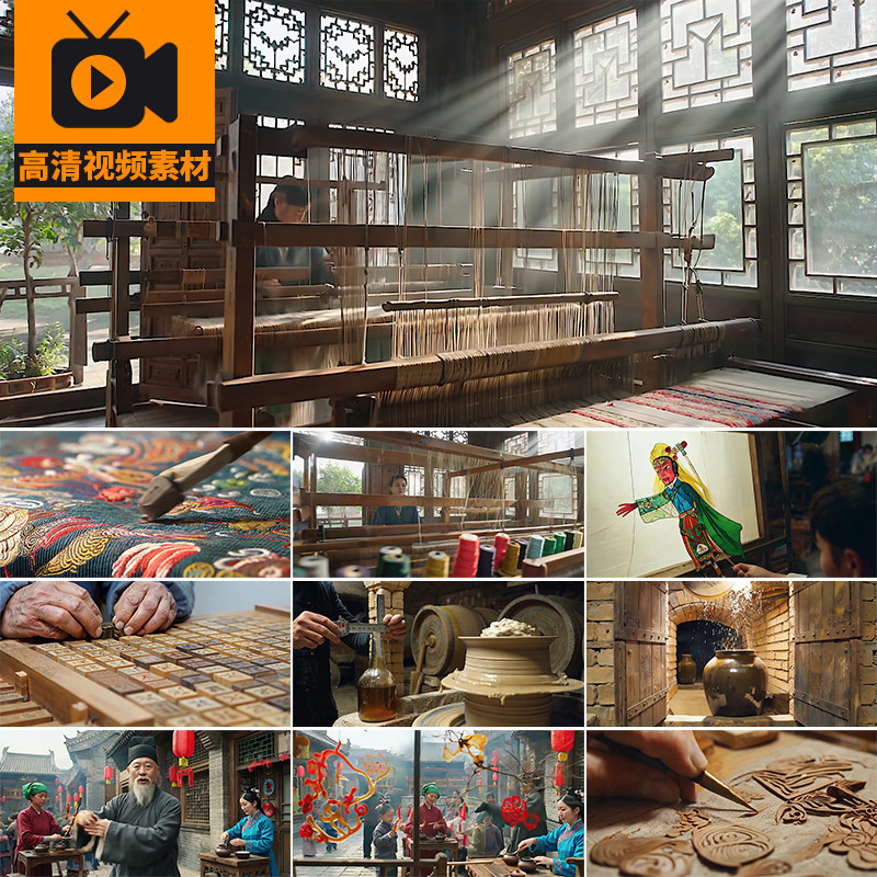 中国非遗文化传承手工艺术皮影剪纸刺绣陶艺雕刻传统文化视频素材