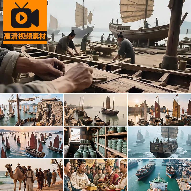 古代海上丝绸之路航海帆船货运贸易港口码头航行三维高清视频素材
