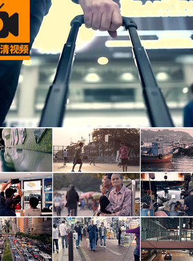拿着拉着行李箱穿越人海人流旅行走旅游城市车流街景夜景视频素材