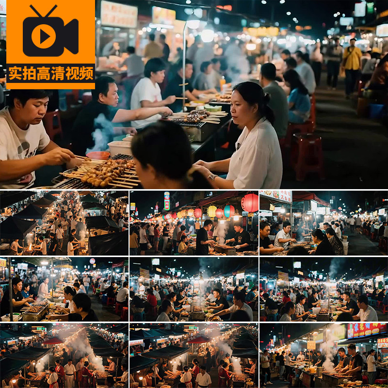 小吃街头夜市烧烤人流人群摆摊路边炸串夜宵美食实拍高清视频素材