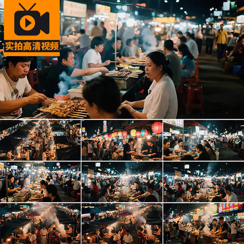 小吃街头夜市烧烤人流人群摆摊路边炸串夜宵美食实拍高清视频素材