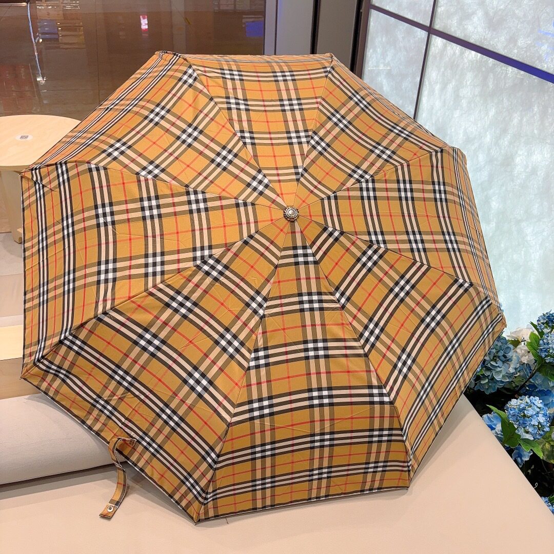 长柄雨伞格子布遮阳雨伞折叠雨伞真皮弯头太阳伞高档礼品晴雨两用