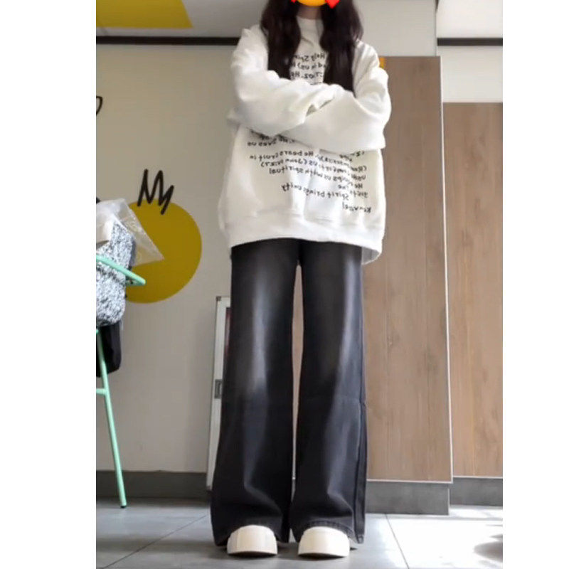 黑灰色阔腿牛仔裤女春秋2025新款宽松初中高中学生小个子直筒裤子