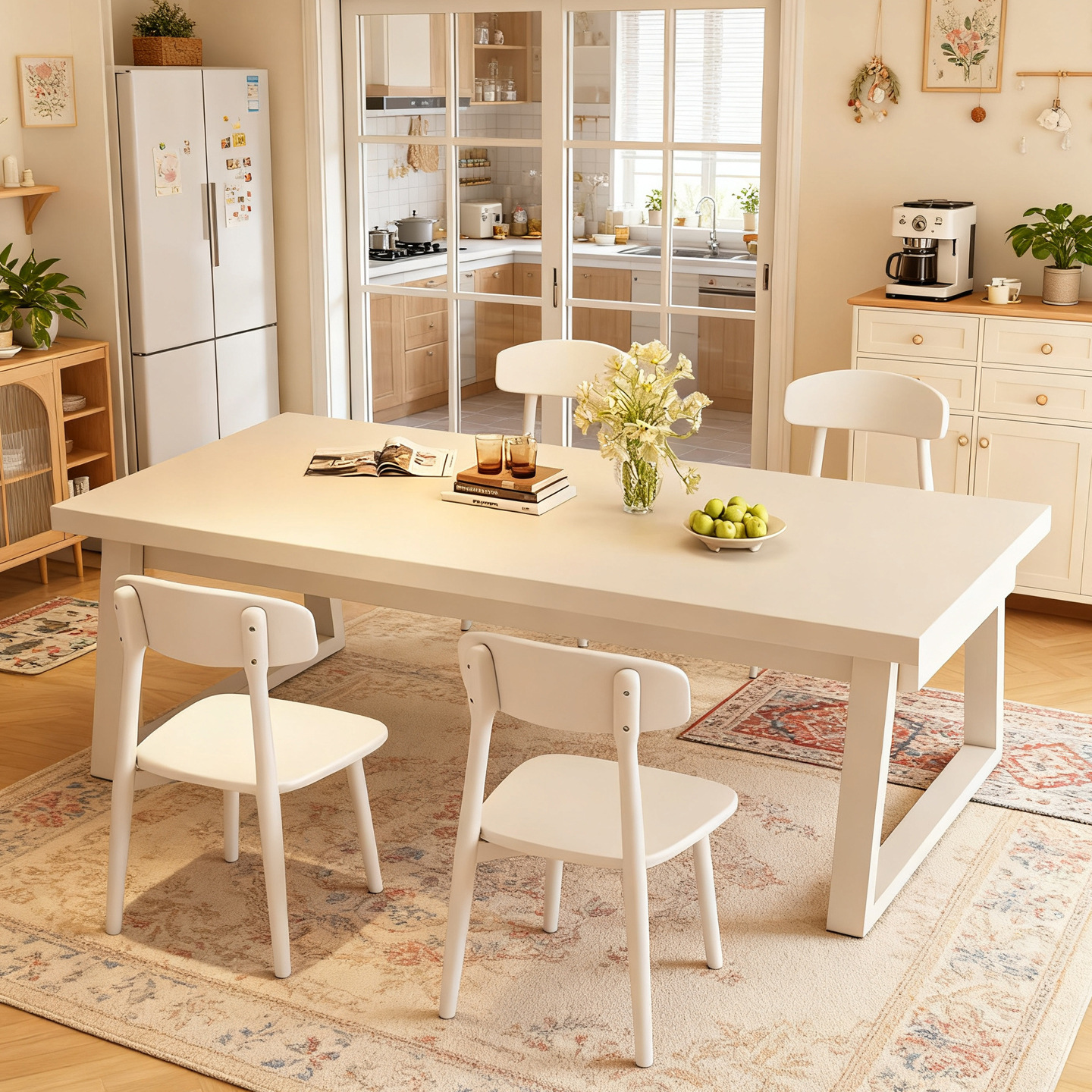 奶油风餐桌家用长方形吃饭桌子法式出租房用小户型白色餐桌椅组合