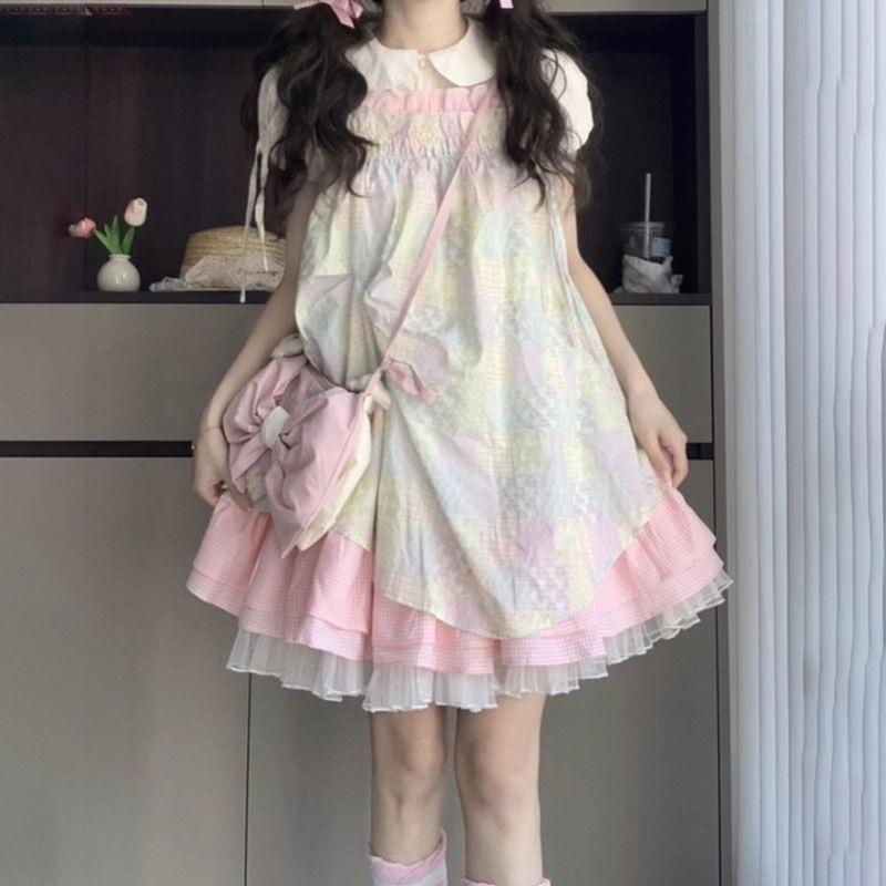 中大童装夏季软妹拼接吊带初高中生连衣裙娃娃领衬衫两件套女孩儿