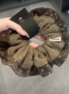 韩系灰色针织碎花花边大肠发圈女高级感扎头发超大号复古发饰头绳