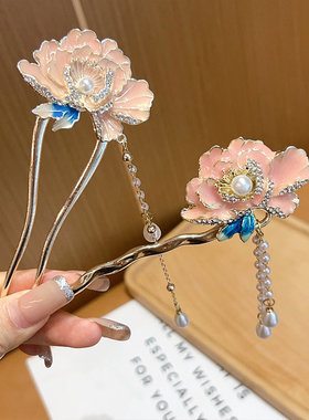 国风牡丹花U型发簪汉服配饰