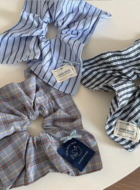 韩国法式格纹蓝色小熊布贴撞大肠发圈方形蝴蝶结发绳头绳皮筋扎发