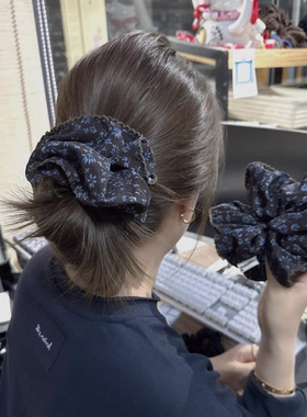 高级复古咖蓝色碎花大肠发圈发量多丸子头发绳韩国新款马尾扎头绳