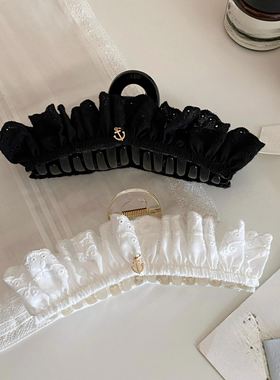 法式褶皱白色蕾丝香蕉夹竖夹发饰女韩系抓夹发夹气质头饰大号夹子