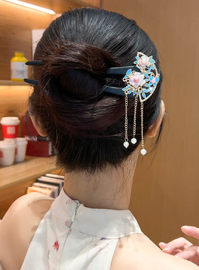 高档牡丹花檀木发簪女古风步摇U型盘发簪子中式发钗汉服旗袍配饰