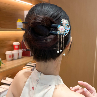 高档牡丹花檀木发簪女古风步摇U型盘发簪子中式发钗汉服旗袍配饰