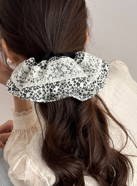 韩系复古文艺黑色小碎花黑色裙摆大肠发圈女高级感百搭头饰