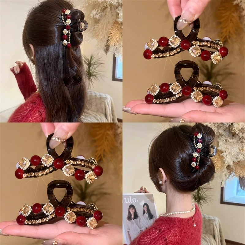 2025新款安可拉红镶钻珠珠高端发夹抓夹女后脑勺盘发夹鲨鱼夹头饰