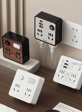 公正午纯铜86型木纹插座带USB夜灯接线板一转多位扩展无线转换器