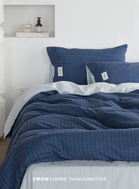 造卧zwow双层纱100全棉A类提花虚线冰岛深浅蓝色男生床单笠四件套