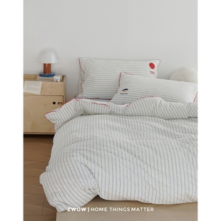 造卧zwow&大林男孩联名款原创设计蓝条纹刺绣卡通撞色全棉四件套