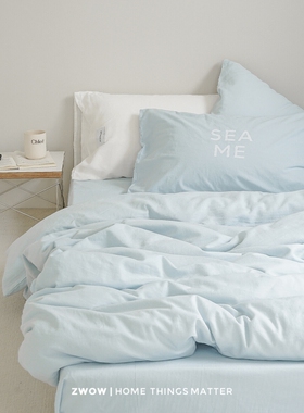造卧zwow肌理感极简约浅蓝色北欧INS风纯棉全棉床单床笠款四件套