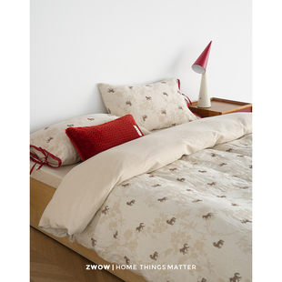 造卧zwow【马年限定】亚麻棉立体提花剪花小马棕米色新中式四件套