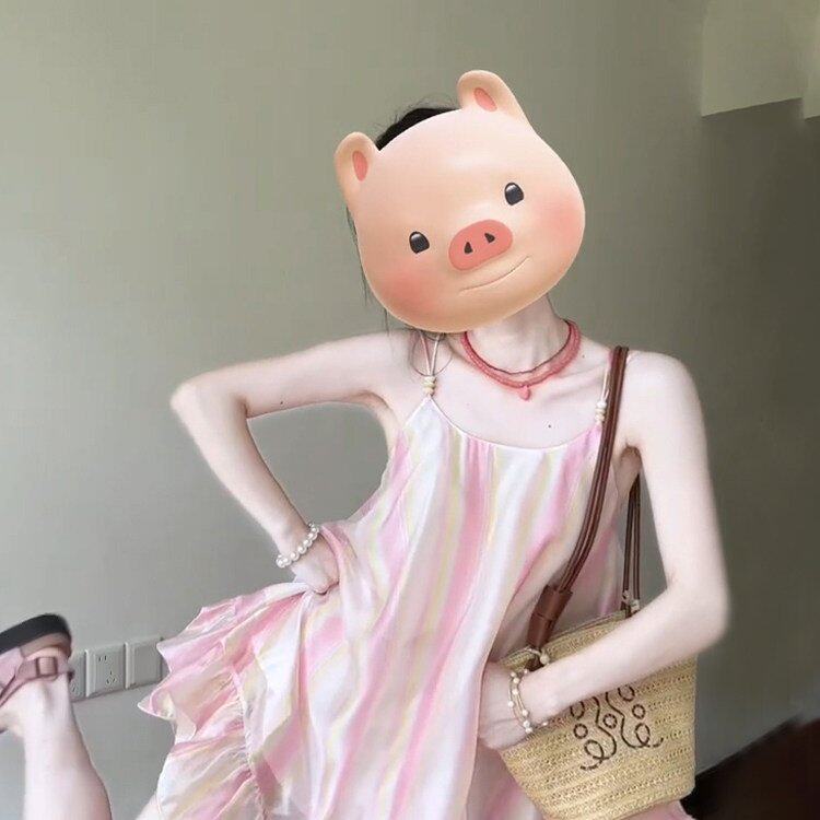 夏季海边度假风粉色晕染吊带裙小个子宽松无袖蓬蓬短裙